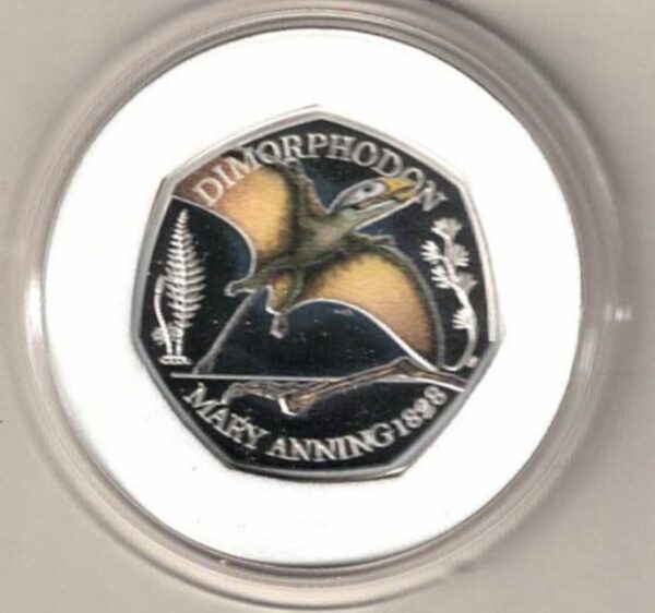 2021 Silver Proof Fifty Pence Dimorphodon. This coin comes in the original box with certificate as issued by the royal mint.