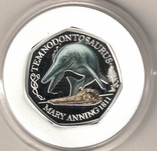 2021 Silver Proof Fifty Pence Temnodontosaurus. This coin comes in the original box with certificate as issued by the royal mint.