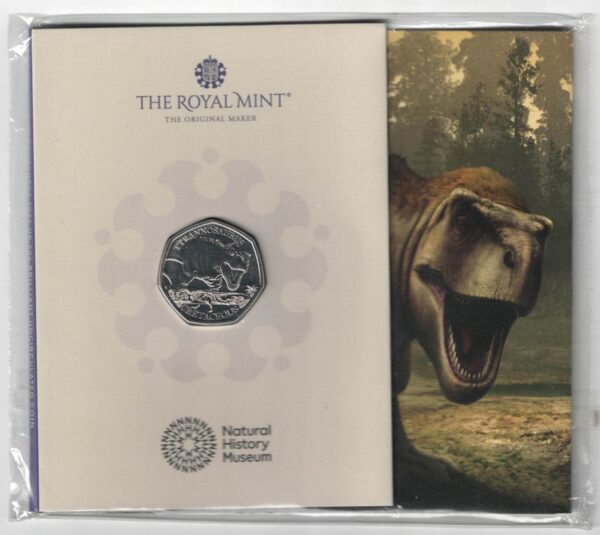 2024 Fifty Pence Tyrannosaurus Cupro nickel coin featuring King Charles III on the Obverse. The Reverse features a Tyrannosaurus rex.