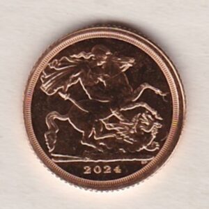 2024 Gold Quarter Sovereign Coin featuring the portrait of King Charles III on the obverse. St George and the dragon on the reverse.