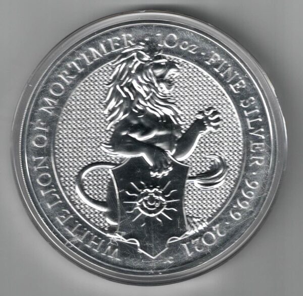 2021 Silver Ten Ounce Coin White Lion Of Mortimer. This coin contains ten ounces of .999 fine silver. All of our silver coins are in stock