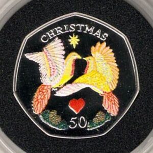 2006 Isle Of Man Silver Proof Christmas Fifty Pence Turtle Dove coin featuring Queen Elizabeth II on the Obverse side of the coin.