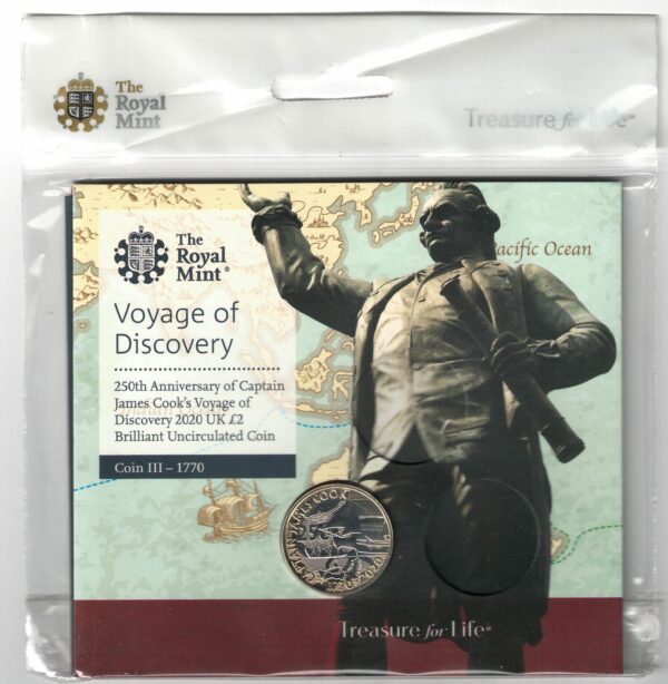 Sealed 2020 James Cook's Voyage Two Pound Coin featuring Elizabeth II on the obverse. All coins are in stock for despatch