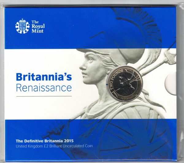 Sealed 2015 Royal Mint Britannia's Renaissance Two Pound Coin featuring Elizabeth II on the obverse. All coins are in stock for despatch.