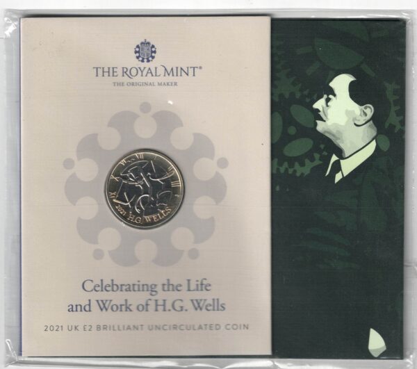 Sealed 2021 Royal Mint H.G. Wells Two Pound Coin featuring Elizabeth II on the obverse. All coins are in stock for despatch.