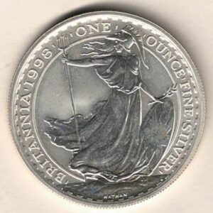 1998 Silver Britannia One Ounce Coin. The coin contains one ounce of fine silver. All of our silver coins have been pre-owned and are in stock.