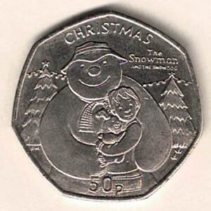 2014 Isle Of Man Christmas Fifty Pence Coin cupro nickel coin featuring Queen Elizabeth II on the Obverse. The reverse features snowman