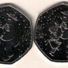 Two 2023 Snowman cupro nickel fifty pence coins featuring Queen Elizabeth II on the Obverse. These are popular Christmas coins