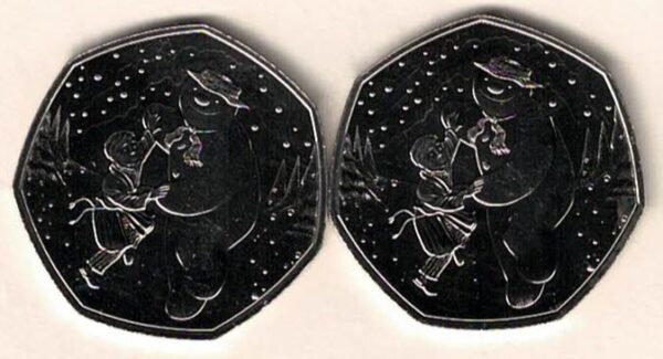 Two 2023 Snowman cupro nickel fifty pence coins featuring Queen Elizabeth II on the Obverse. These are popular Christmas coins