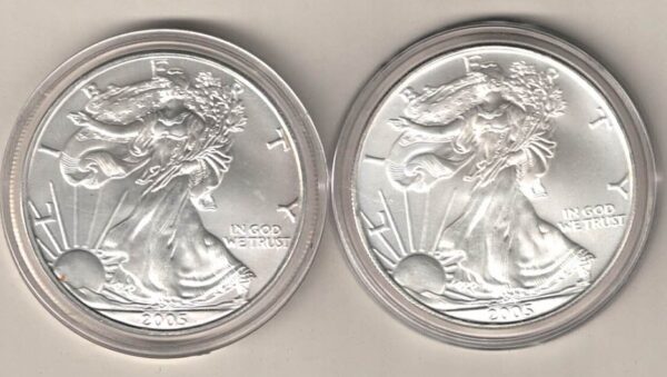 2005 Silver USA One Ounce Eagle set. The liberty is on the obverse, The eagle is on the reverse. These coins contain one ounce of 999 fine silver.