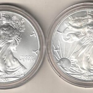 2003 Silver USA One Ounce Eagle set. The liberty is on the obverse, The eagle is on the reverse. These coins contain one ounce of 999 fine silver.