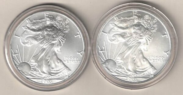 2003 Silver USA One Ounce Eagle set. The liberty is on the obverse, The eagle is on the reverse. These coins contain one ounce of 999 fine silver.