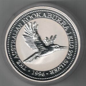 Boxed 1996 Australia Kookaburra One Kilo Silver Coin. This coin features Elizbeth II facing right on the obverse. The reverse features a kookaburra.