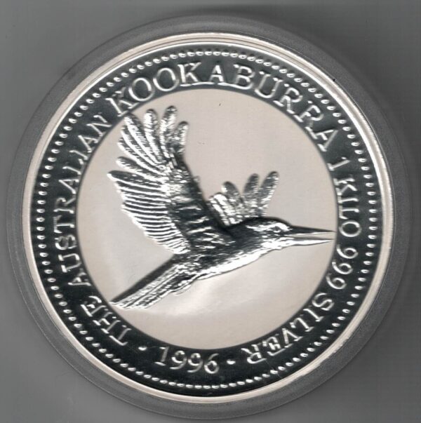 Boxed 1996 Australia Kookaburra One Kilo Silver Coin. This coin features Elizbeth II facing right on the obverse. The reverse features a kookaburra.