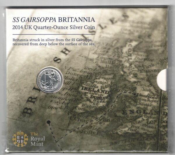 Sealed 2014 Quarter Ounce Silver Britannia Coin SS Gairsoppa. This coin comes sealed as issued by the royal mint. All coins are instock.