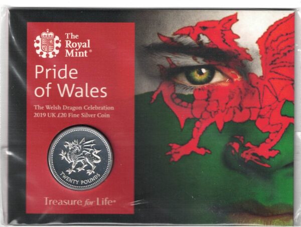 Sealed 2019 Silver Welsh Dragon Half Ounce Twenty Pound Coin. This coin contains half an ounce of fine silver. All of our silver coins are in stock.