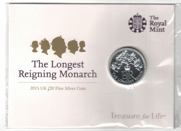 Sealed 2015 Silver Longest Reigning Monarch Half Ounce Twenty Pound Coin. This coin contains half an ounce of fine silver.