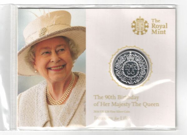 Sealed 2016 Queen's 90th Birthday Silver Half Ounce Twenty pound Coin. This coin contains half an ounce of fine silver. All coins are instock.