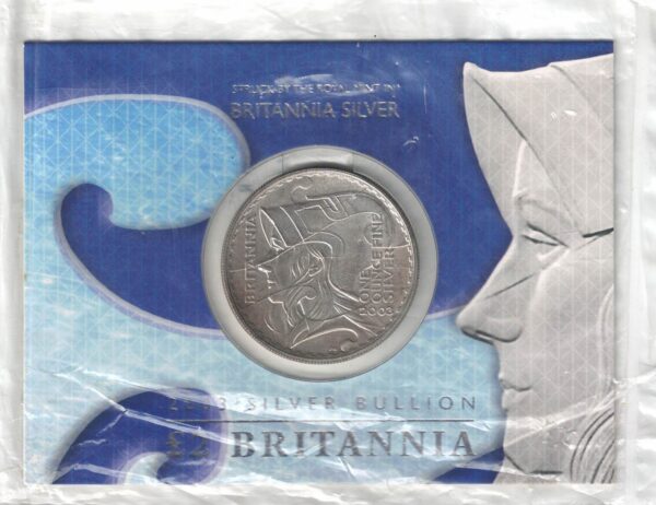 2003 Silver Britannia One Ounce in Card Pack. The coin contains one ounce of fine silver. All of our silver coins have been pre-owned and are in stock.