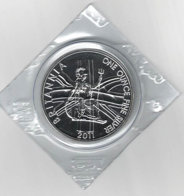 2011 Silver Britannia One Ounce Coin. The coin contains one ounce of fine silver. All of our silver coins have been pre-owned and are in stock.