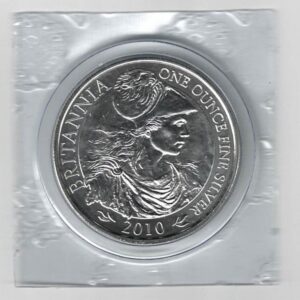 2010 Silver Britannia One Ounce Coin. The coin contains one ounce of fine silver. Elizabeth II is on the obverse facing right.