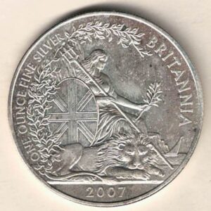 2007 Silver Britannia One Ounce Coin. The coin contains one ounce of fine silver. All of our silver coins have been pre-owned and are in stock.