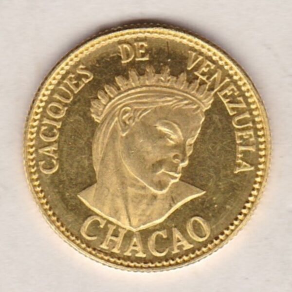 Venezuela Gold coin. The obverse features Chacao head. The reverse features a crossed arrows at center. 2.98 grams of 0.900 gold.