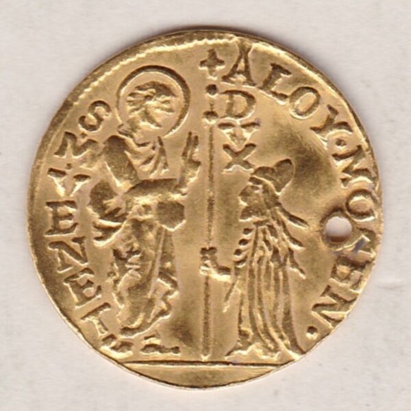 Venice Gold Ducat Coin. This gold coin was struck in 0.999 gold and weighs approx. 3.35 grams. The coin has a hole in it.