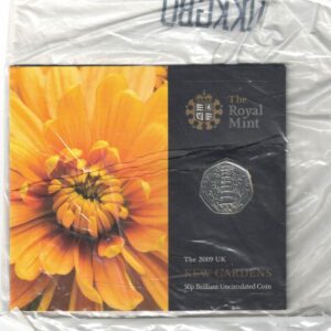 Sealed 2009 Royal Mint Fifty Pence Kew Gardens Elizabeth II is on the Obverse. The Reverse features the Botanical Gardens at Kew.