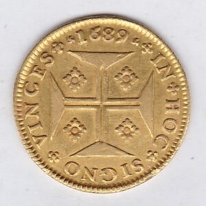 1689 Portugal Gold 4000 Reis Coin. The obverse of this coin features a crowned coat of arms. The reverse features the Jerusalem cross.