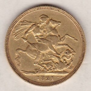 1821 Gold Sovereign Coin. This gold coin features George IV on the obverse. St. George slaying the dragon on the reverse.