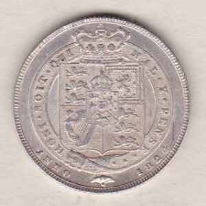 1824 silver shilling coin featuring King George IV on the Obverse. The Reverse has the crowned Royal shield of arms within Garter, date below.