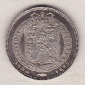 1825 First Type silver shilling coin featuring King George IV on the Obverse. The Reverse has the crowned Royal shield of arms within Garter, date below.