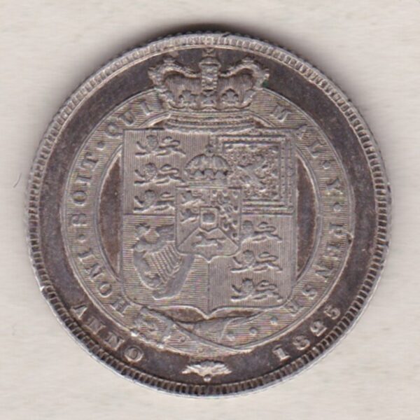 1825 First Type silver shilling coin featuring King George IV on the Obverse. The Reverse has the crowned Royal shield of arms within Garter, date below.