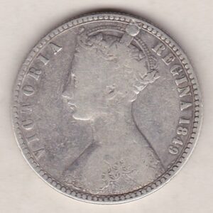 1849 Silver Godless Florin coin has a crowned bust of Queen Victoria on the Obverse. The Reverse has the cruciform shields of England, Ireland & Scotland.