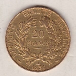 1851 A France Gold Twenty Francs coin featuring Ceres on the Obverse. The reverse has the denomination above the date within a wreath.