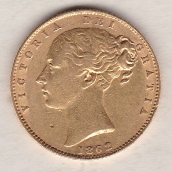 1862 Gold Sovereign Coin. The coin features a young head queen Victoria on the Obverse and the collectable shield design on the Reverse.