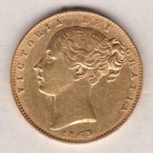 1863 Gold Sovereign Coin. Die number 13. The coin features a young head queen Victoria on the Obverse and the collectable shield design on the Reverse.