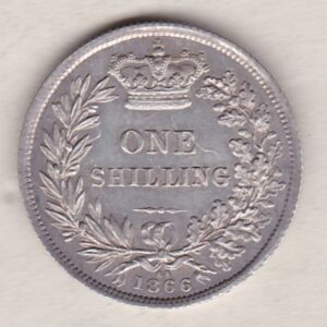 1866 silver shilling coin featuring Queen Victoria young head on the Obverse. The Reverse has a crown, laurel and oak leaves within an open wreath.