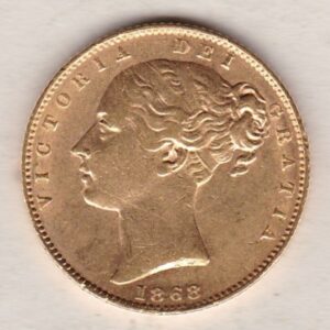 1868 Gold Sovereign Coin. Die number 34. The coin features a young head queen Victoria on the Obverse and the collectable shield design on the Reverse.