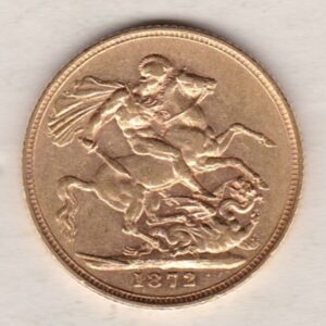 1872 Gold Sovereign Coin featuring Queen Victoria Young Head on the Obverse and St George & the Dragon on the Reverse. London Mint.