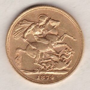 1874 M Gold Sovereign Coin featuring Queen Victoria Young Head on the Obverse and St George & the Dragon on the Reverse. Melbourne Mint.