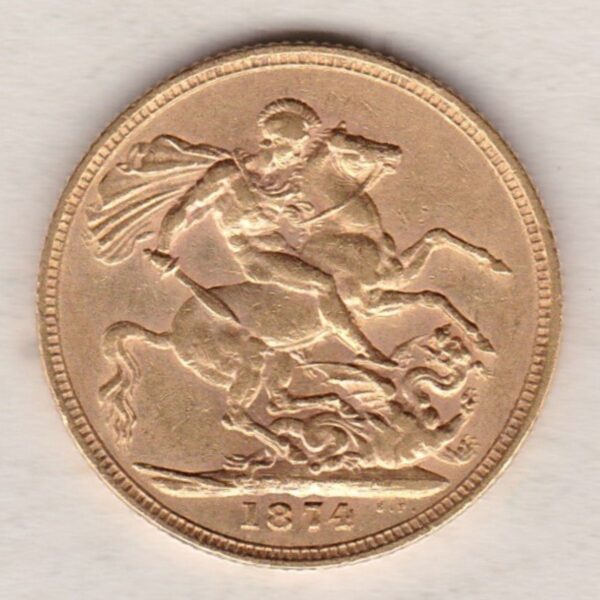 1874 S Gold Sovereign Coin featuring Queen Victoria Young Head on the Obverse and St George & the Dragon on the Reverse. Sydney Mint.