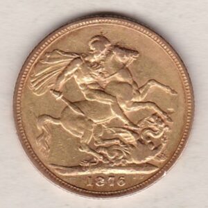 1876 M Gold Sovereign Coin featuring Queen Victoria Young Head on the Obverse and St George & the Dragon on the Reverse. Melbourne Mint.