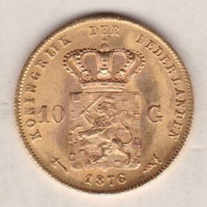 1876 Netherlands Gold Ten Gulden coin. The obverse features the portrait of King Willem III. The reverse features the crowned lion.