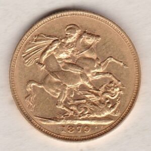 1879 M Gold Sovereign Coin featuring Queen Victoria Young Head on the Obverse and St George & the Dragon on the Reverse. Melbourne Mint.