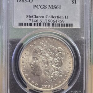 1883 O Silver USA Morgan Dollar coin featuring lady liberty on the obverse. The eagle holding arrows and an olive branch on the reverse.