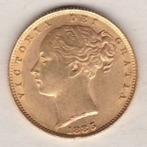 1885 S Gold Sovereign Coin. The coin features a young head queen Victoria on the Obverse and the collectable shield design on the Reverse.