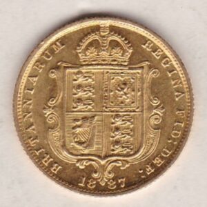 1887 Gold Half Sovereign Coin featuring Queen Victoria Jubilee Head on the Obverse and the shield design on the Reverse in EF condition.