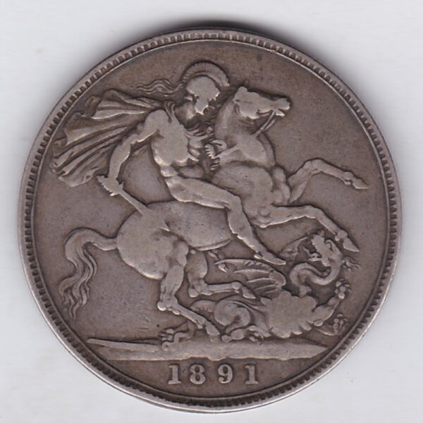 1891 Silver Crown Coin featuring Queen Victoria Jubilee head on the Obverse and the St George & dragon design on the reverse.